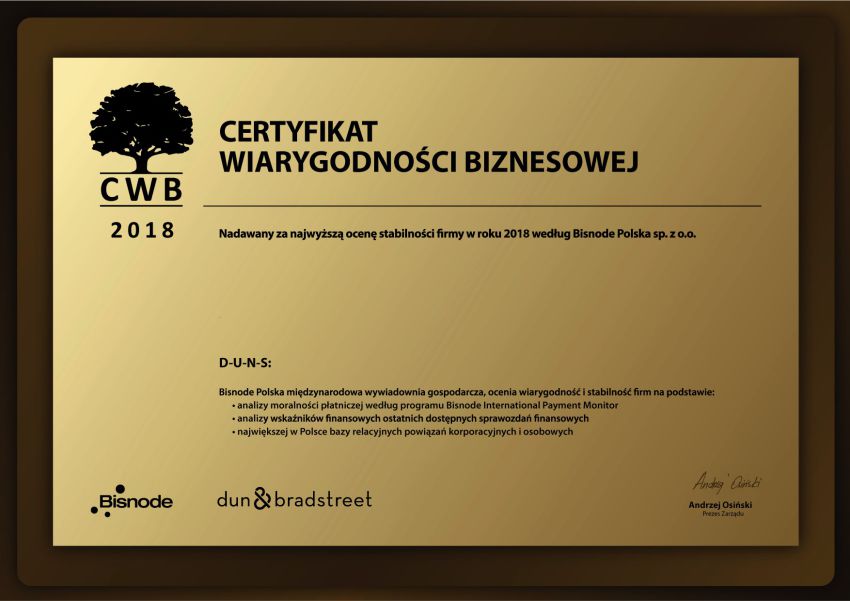 Certyfikat Wiarygodności Biznesowej 2014